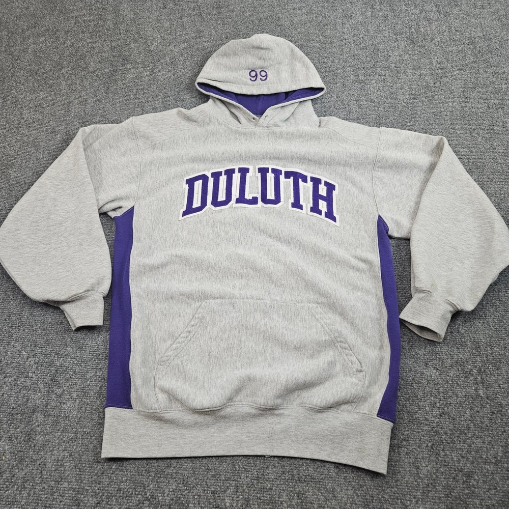 Duluth‎ Hoodie Large Gray Purple Spellout Athletic 99 Graphic Y2K Streetwear